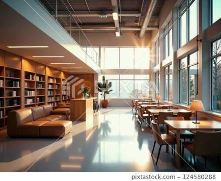 Modern cozy library lounge with sunlit ambience for relaxed reading and study 124580288