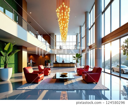 Modern hotel lobby lounge with red armchairs and elegant lighting for luxury interior inspiration 124580296