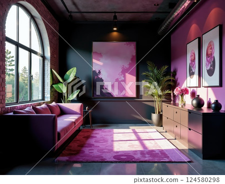 Modern interior living room with pink accents and contemporary art design Modern interior living room with pink accents and contemporary art design 124580298