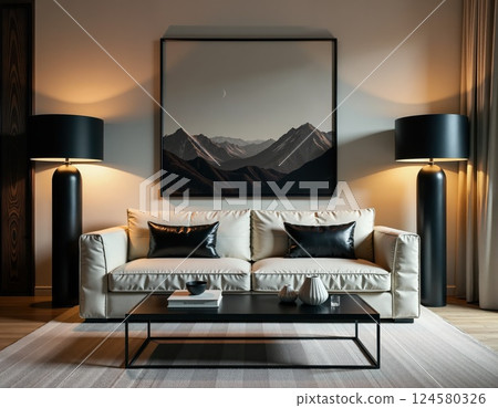 Modern minimalist living room with elegant sofa and mountain art for cozy interior design 124580326