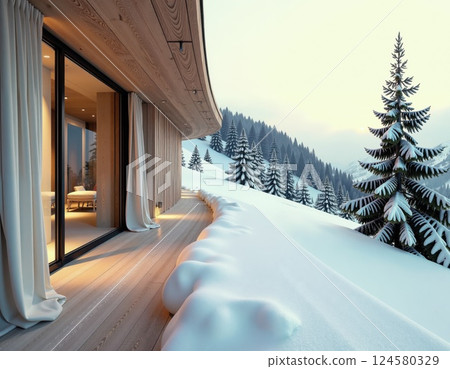 Modern mountain lodge retreat with panoramic winter forest view and cozy interior design elements 124580329