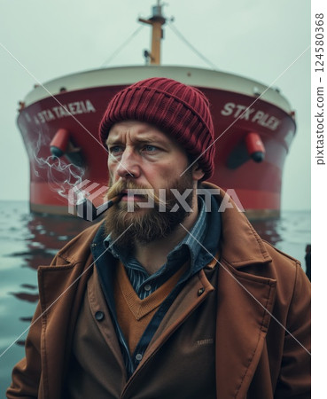 Rugged seafarer with pipe: nautical style in front of majestic cargo ship 124580368