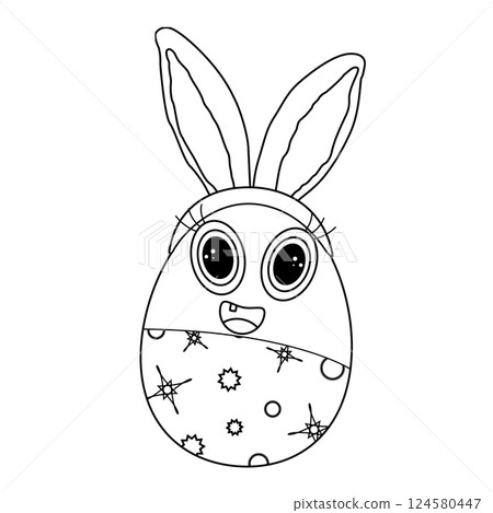 Monochrome adorable anthropomorphic Easter egg character kid with Easter bunny ears, big eyes, and a cheerful smile in a fun black and white coloring page. 124580447