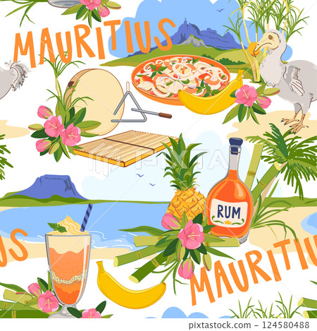 Pattern with Mauritius island landmarks in flat style. Vector sugar cane, Peter mountain, endemic Dodo, Trochetia boutoniana flowers, pineapple, falooda, millionaire salad, Sega musical instruments. 124580488