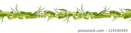 Seamless border of sugar cane with green leaves and yellow stems. Vector pattern for eco products design. Cut out cane shoots in flat style on white background. Ingredient for making sugar, syrup, rum 124580495