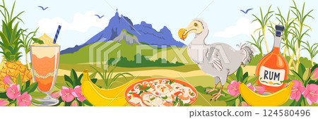 Mauritius landscape and famous landmarks of the island in flat style. Vector sugar cane, Mount Peter, endemic extinct bird Dodo, Mauritius flowers trochetia boutoniana, pineapple, falooda cocktail. 124580496