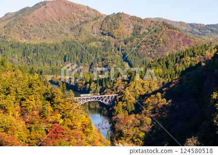 Fukushima, JAPAN - Nov 10, 2024: Train run cross Daichi Tagamigawa Bridge view from First Tadami River Bridge 124580518