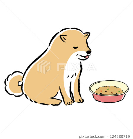 手繪插圖：一隻老狗在吃軟食 124580719