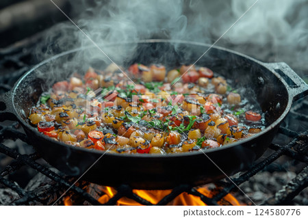 Outdoor cooking with vegetables roasting in pan on flames 124580776