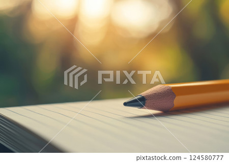 Sharpened pencil lies on a lined notebook page 124580777