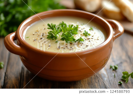 Chicken broth with vegetables, in ceramic bowl Chicken broth with vegetables, in ceramic bowl 124580793