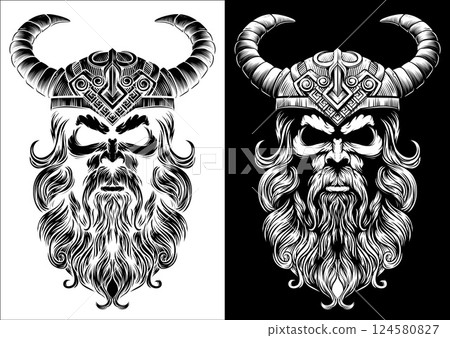 Viking Warrior Man Strong Mascot Face in Helmet Viking Warrior Man Strong Mascot Face in Helmet 124580827