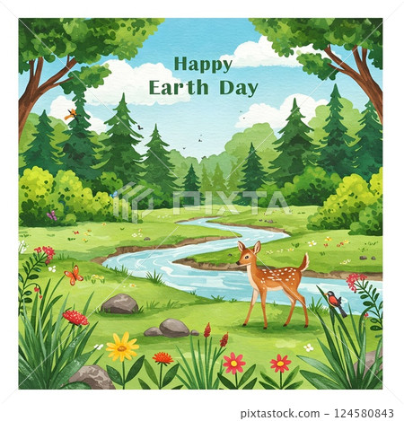 Earth Day Illustration with Deer in a Forest Landscape. Wildlife Conservation Day Wild animals to the home. Or wildlife protection 124580843