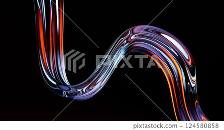 3d abstract fluid glass holographic wave on dark background. Render gradient flow of liquid with neon rainbow light texture. Chromatic transparent ribbon curve line shape on black bg. 3D illustration 124580858
