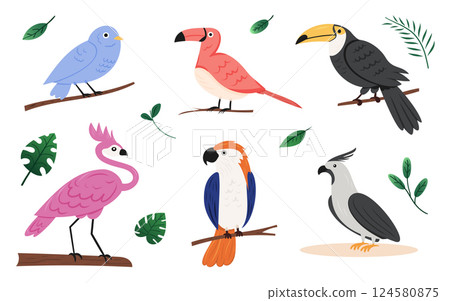 Six colorful birds resting on branches among green leaves. Toucan, flamingo, parrot, cockatoo 124580875