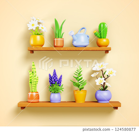 3d wooden shelves with flowerpots hanging on wall. Flower shop or home interior design elements. Domestic garden plants with green leaves and color blossom, watering can on wood racks. 3D illustration 124580877