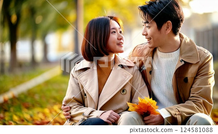 A couple cuddling on a park bench surrounded by falling leaves 124581088
