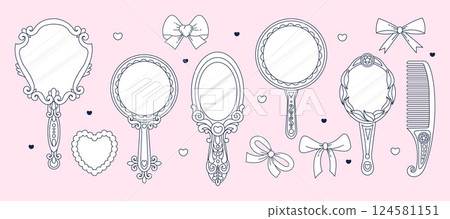 Outline Vintage Coquette Hand Ornament Mirror and Comb with Ribbon Bow set. Romantic Girly Vibe. Vector illustration. Isolated Trendy Aesthetic beauty accessories linear hand drawing on Pink 124581151