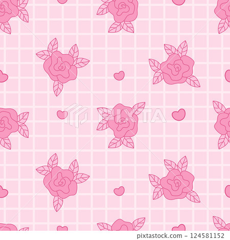Pink Coquette seamless pattern Pink Rose on checkered background with hearts. Romantic Girly Vibe. Trendy aesthetic Floral patterned backdrop template. Vector illustration 124581152