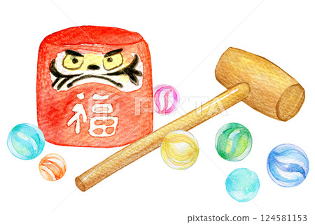 Watercolor illustration of marbles and traditional toy "Daruma Drop" 124581153