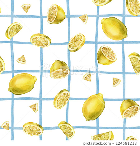 Seamless pattern with watercolor illustration of slice and whole lemon, peel or zest Lemon or Lime on light blue checkered background. Repeat ornament Hand painted lemon branch on isolated background. Seamless pattern with watercolor illustration of slice and whole lemon, peel or zest Lemon or Lime on light blue checkered background. Repeat ornament Hand painted lemon branch on isolated background. 124581218