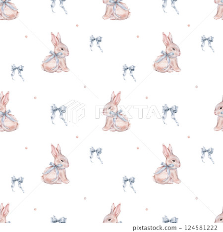 Watercolor seamless pattern with cute white rose bunny with blue bow and polka dots. Repeat pattern pastel color with rabbit. Tender watercolor hand drawn illustration for holiday or kids design. 124581222