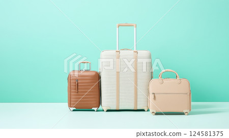 Luggage collection in various sizes on light green background, travel theme 124581375