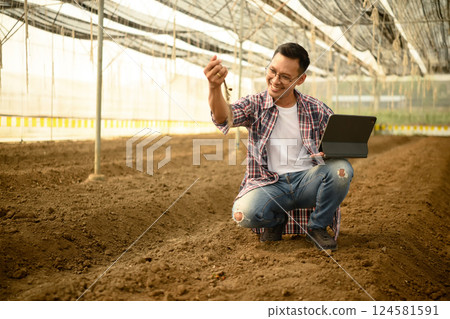 Male agronomist using digital tablet for data analysis inside a in greenhouse 124581591