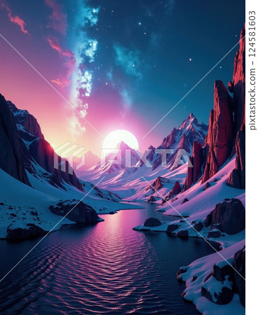Dreamy landscape with vibrant milky way and majestic mountains at twilight for fantasy and adventure themes 124581603