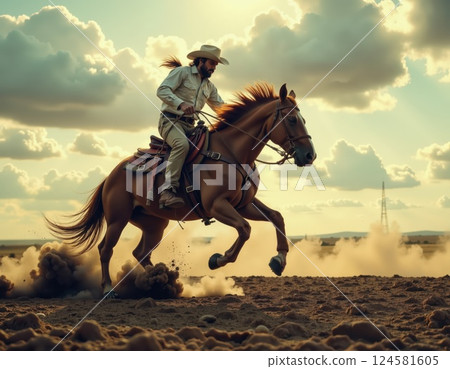 Dynamic cowboy adventure in rugged desert terrain at sunset equestrian spirit and wild west inspiration 124581605