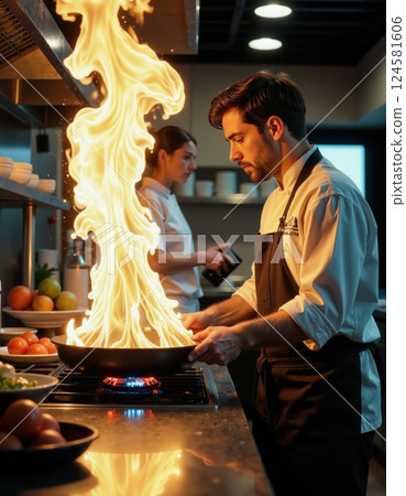 Dynamic culinary artistry in modern kitchen with fiery flair and focused chef 124581606