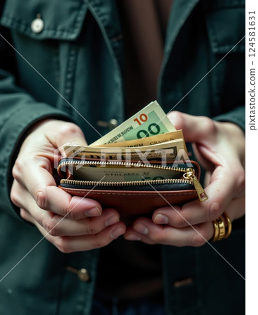 Hands holding wallet with cash - financial stability and practicality concept 124581631