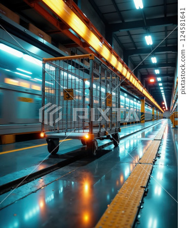 Industrial warehouse automation with automated guided vehicle on reflective floor at night 124581641