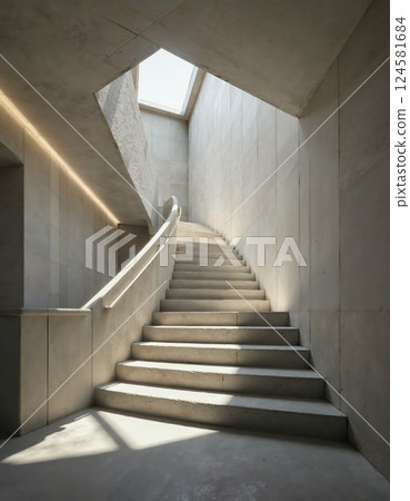 Minimalist architectural staircase design with modern concrete aesthetics and soft lighting effects for contemporary spaces Minimalist architectural staircase design with modern concrete aesthetics and soft lighting effects for contemporary spaces 124581684