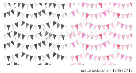 Pennant garland Seamless Patterns Set 2. Monochrome gray, pink, lilac triangular flags Backgrounds 124581712