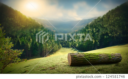 清晨的陽光透過苔蘚覆蓋的木頭,照射在森林裡 清晨的陽光透過苔蘚覆蓋的木頭,照射在森林裡 124581746