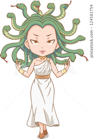 Cartoon character of Medusa with living snakes in place of hair in Greek mythology. Cartoon character of Medusa with living snakes in place of hair in Greek mythology. 124581754