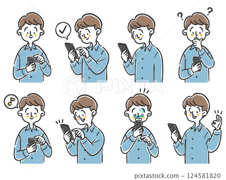 Illustration set of a man operating a smartphone, upper body, vector 124581820