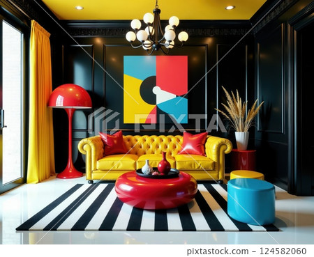 Bold retro living room design with yellow sofa and colorful accents for modern interior inspiration Bold retro living room design with yellow sofa and colorful accents for modern interior inspiration 124582060