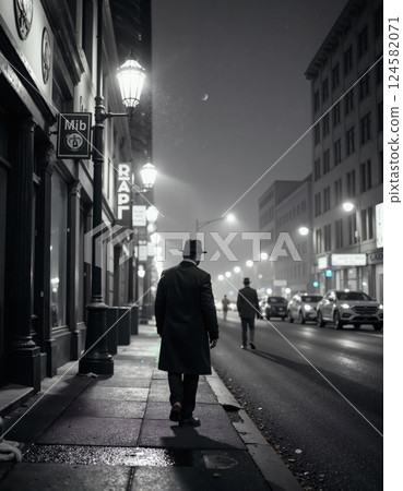 Chic noir cityscape: vintage urban evening walk with mysterious atmosphere and elegance 124582071