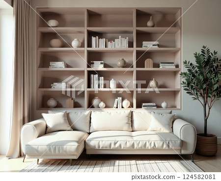 Elegant minimalist living room with beige sofa and stylish bookshelf decor 124582081