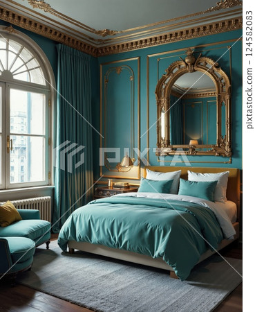 Elegant neoclassical bedroom design with gold accents and teal decor for luxurious interior inspiration Elegant neoclassical bedroom design with gold accents and teal decor for luxurious interior inspiration 124582083