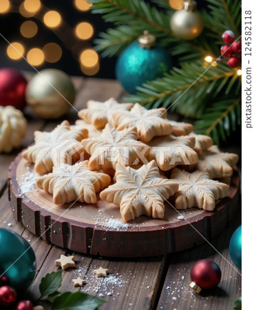 Festive holiday cookies on rustic wooden board with christmas decorations and warm glowing lights Festive holiday cookies on rustic wooden board with christmas decorations and warm glowing lights 124582118