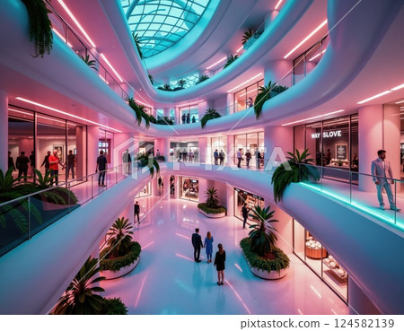 Futuristic neon shopping mall with modern architectural design and ambient lighting 124582139