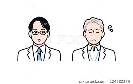 A simple vector illustration set of a middle-aged and senior man wearing a white coat who is in trouble 124582279