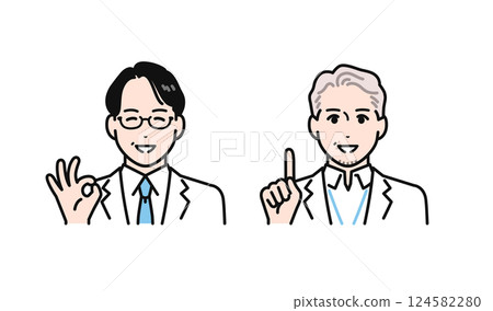 A simple vector illustration set of a middle-aged and senior man wearing a white coat giving an explanation with a smile A simple vector illustration set of a middle-aged and senior man wearing a white coat giving an explanation with a smile 124582280