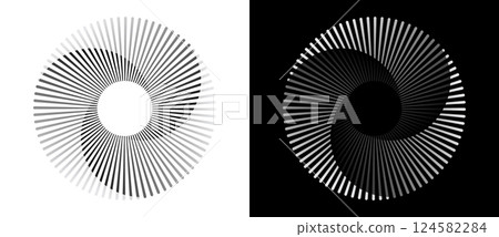 Spiral with lines in circle. Abstract geometric art line background, logo, icon, design element. A black figure on a white background and an equally white figure on the black side. 124582284