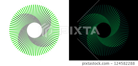 Spiral with lines in circle. Abstract geometric art line background, logo, icon, design element. A green figure on a white background and inverted colors on the black side. 124582288