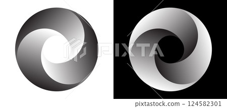 Set of circles with lines with gradient. Dynamic design element, icon or logo. One spiral on white background and negative spiral on black background. 124582301