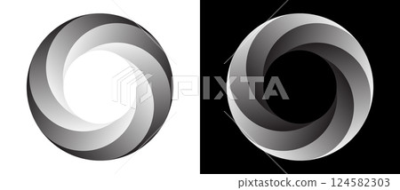 Set of circles with lines with gradient. Dynamic design element, icon or logo. One spiral on white background and negative spiral on black background. 124582303